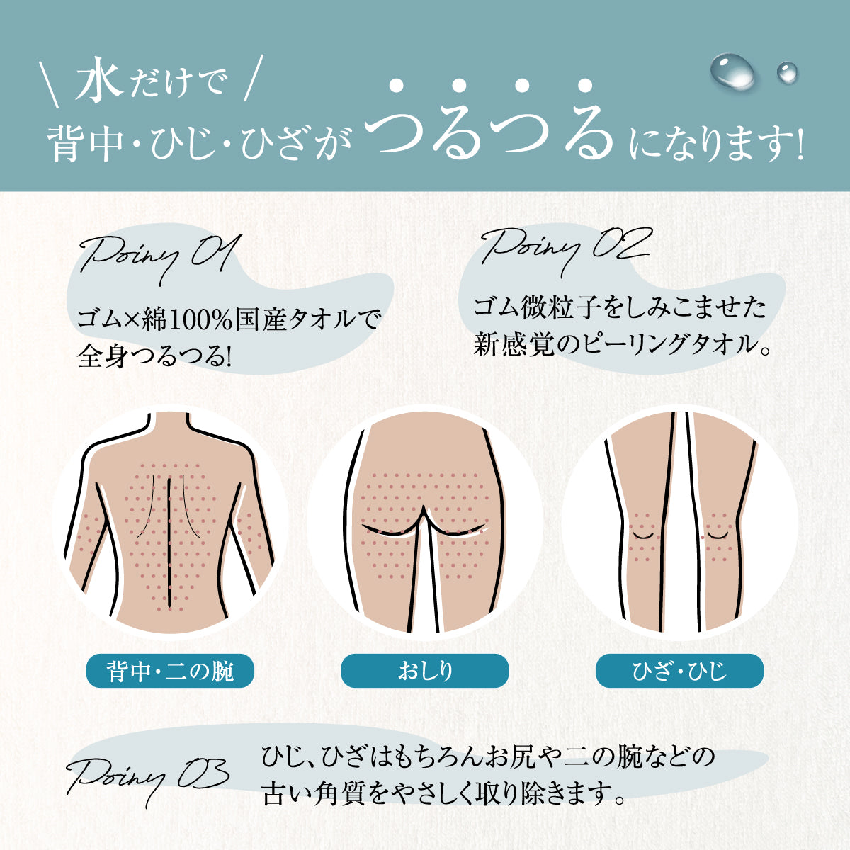 ゴムポンつるつる│水だけで全身ケア！新感覚のピーリングタオル